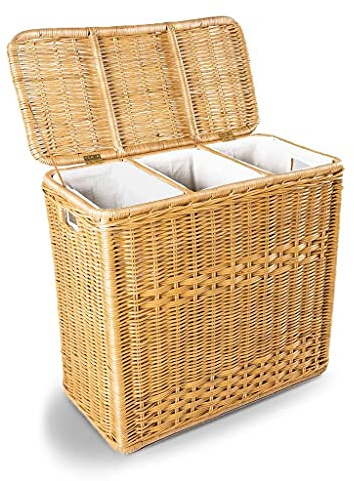 The Basket Lady 3-Compartment Wicker Laundry Hamper, Sandstone