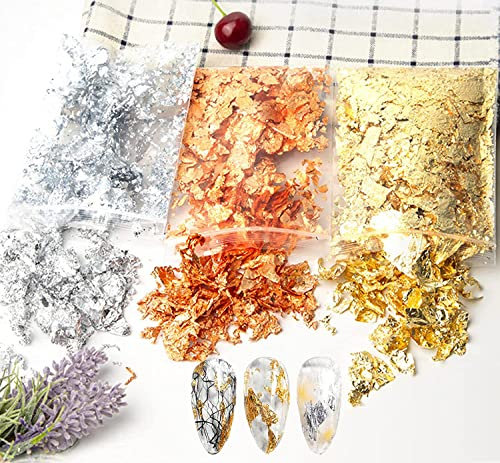 N/A Gendako 3 Packungen Blattgold Nagelkunst Goldfolie Nägel Set Blattgold Nägel Goldflocken Blattgold Nailart Gold Folien Flocken Blattgold Für Nageldesign Resin Arts Zerkleinerte Goldfolie (9g)