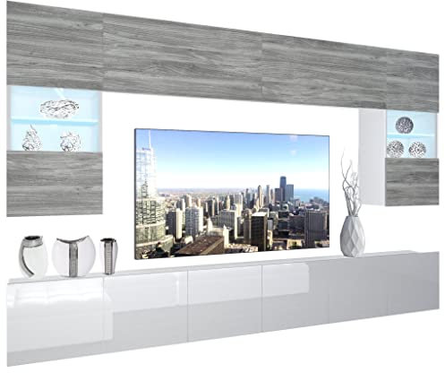 BELINI Wohnwand Vollausstattung Wohnzimmer-Set Moderne Schrankwand mit LED-Beleuchtung Anbauwand TV-Schrank Glamour Holz/Weiß