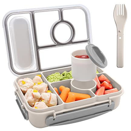 Amathley Bento Box Adult Lunch Box,Leakproof Lunch Box Kids with 1300ML-5 Compartments,Bento Box with Sauce Vontainers,Microwave & Dishwasher & Freezer (White)