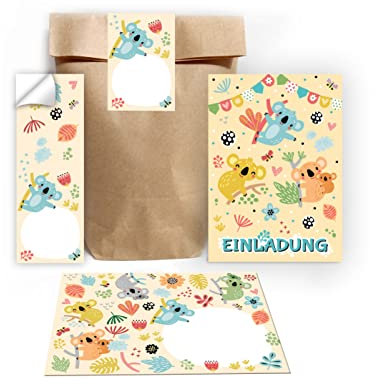 12 Einladungskarten zum Kindergeburtstag Geburtstag Mädchen Jungen Koala incl. 12 Umschläge, 12 Tüten/natur, 12 Aufkleber