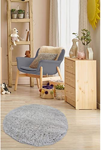 Modern Style Rugs Cosy Shaggy Plain Circular Rug, Grey High Pile Rugs for Living Room, Bedside,67x67cm (2ft 2 inch x 2ft 2 inch)