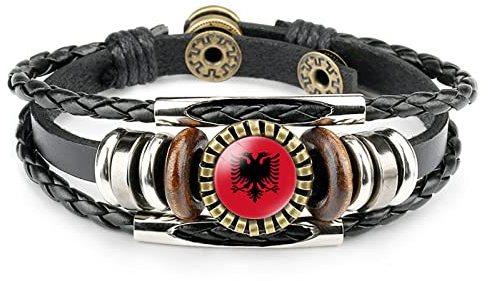 LODMLOER Mehrschichtiger Lederarmband,Starke Rote Albanien Adler Nationalflagge Unersetzliche Zeit Stein Symbol Flagge Rune Leder Armband Verstellbarer Armreif Punk Schmuck,Bild,20Cm