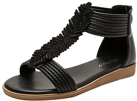 FNKDOR Strasssteinen Flach Sandalen Damen T-spangen Ankle Wrap Stoffblumen Strand Sandalen Sommersandalen mit Reißverschluss Hinten