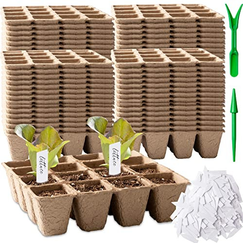 Amyhill Sommer Samen Starter Torf Töpfe Kit Kompostierbare Samen Starter Tray Bio Pflanze Starter Kit mit Etiketten und Umpflanzungswerkzeugen für Keimung Garten (60 Stück)