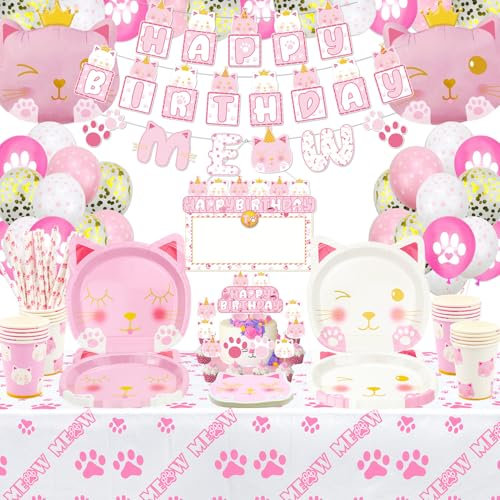 160 PCS Katzengeburtstagsparty-Zubehör – Katzenballons, Geburtstagsbanner, DIY-Hängeschild, Tortenaufsatz, Teller, Servietten, Tassen und Tischdecke für Katzengeburtstagsdekorationen, für 20 Gäste