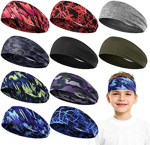 Sratte 10 PCS Sweatbands for Kids Soccer Headbands Boys Sports Kids Sweatbands Breathable Sweat Wicking Headband for Youth Basketball, Football, Baseball, Running (Novel Style)