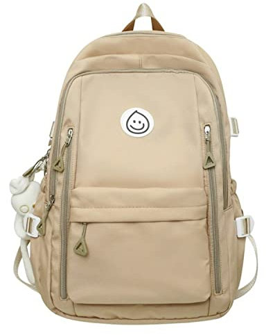 Preppy Backpack Smiling Face with Bunny Plush Cute Aesthetic Backpack Preppy Stuff Kawaii Accessories Korean College Style, Khaki, One Size, Classic