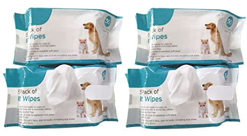 Truoli Pet Wet Wipes Dog Cat All Purpose Cleaning Antibacterial Wipe Fragrance and Alcohol Free. (4 Pack (200 Wipes))