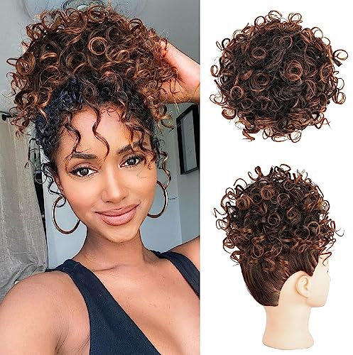 PORSMEER Haarteil Dutt Haar Bun mit Elastischer Kordelzug Kurz Locken Welle Pferdeschwanz Haarteil Kunsthaar Updo Haarverlängerung zopf für Frauen Tägliche,Schwarz/Auburn Braun