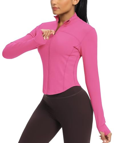 QUEENIEKE Women's Cropped Running Jackets - Zip Up Lightweight Athletic Yoga Gym Tops BBL Jacket with Thumb Holes (Hot Pink, Small)