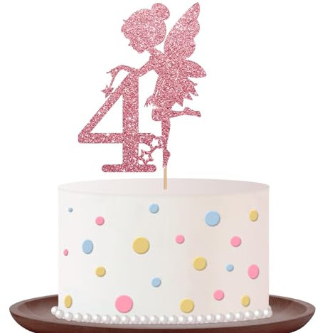 Fairy 4th Birthday Cake Topper - Rose Gold Fairy 4 Decor, Garden Themed Party Decoration