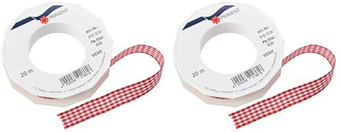 PRÄSENT VICHY Geschenkband rot/weiß, 20 m Dekoband zum Verzieren & Basteln, 15 mm Breite, kariertes Band für bunte Dekos & Geschenkverpackungen, zu feierlichen Anlässen (Packung mit 2)