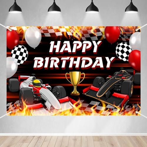 Autorennen Happy Birthday Banner Hintergrund Racing Kariertes Thema Spiel Rennen Auto Wettbewerb Champion Hintergrund Dekor für Fahrer Fans Jungen Geburtstag Party Gastgeschenke Dekorationen Supplies