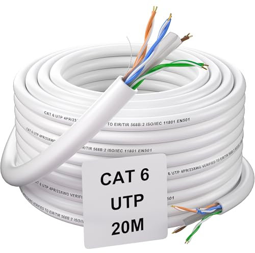 Soibke Cable Ethernet 20 Metros, Cat 6 Cable de Red LAN Exterior Interior Bobina Impermeable RJ45 20m Alta Velocidad Internet UTP 23AWG Gigabit Cable de Instalación Blanco