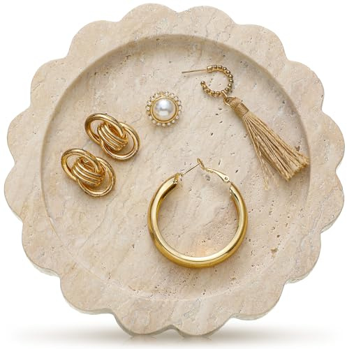 Threehoney 5.5 Inch Small Travertine Stone Tray, Round,Scallop