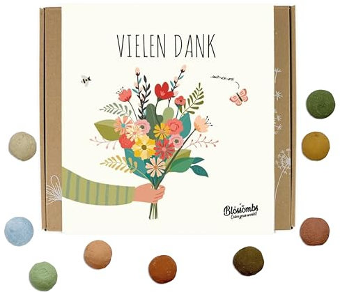 Blossombs Vielen Dank Geschenkbox Medium mit Samenbomben - Blumensamen Geschenk & Nachhaltiges Mitgebsel Saatbomben als Dankeschön Geschenke Blumenstrauß Blumenmurmeln Saatkugeln - 9 Samenbomben