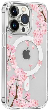 LANDEE Magnetic Clear Flower Case for iPhone 12 Mini Mag-Safe, Floral Pattern Print Transparent Shockproof PC Back Soft TPU Slim Thin Cover for Girls Women Sakura