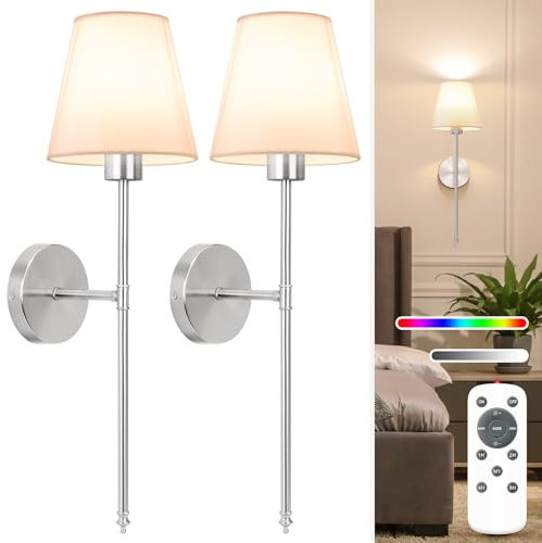 NIORSUN 24 inch Battery Operated Wall Lights, Brushed Nickel Rechargeable Wall Lights Indoor with 5200mAh Dimmable Detachable Bulbs and Remote, 9 Colours Wireless Sconces for Bedroom Living Room