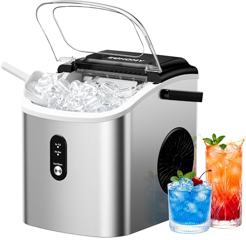 EUHOMY Ice Maker Countertop, tragbare Eismaschine mit Tragegriff, 26,5 lbs pro Tag, 9 Würfel in 6 Mins, Auto-Cleaning, mit Korb und Scoop, für Zuhause, Küche, Camping, RV (Silber)
