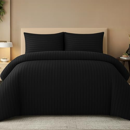 Pamposh Bettbezug-Set mit geprägten Streifen – Premium Hotelqualität Bettwäsche-Set – Hypoallergene, ultrasofte Mikrofaser-Bettwäsche (Elfenbeinweiß, Single (135 x 200 cm))