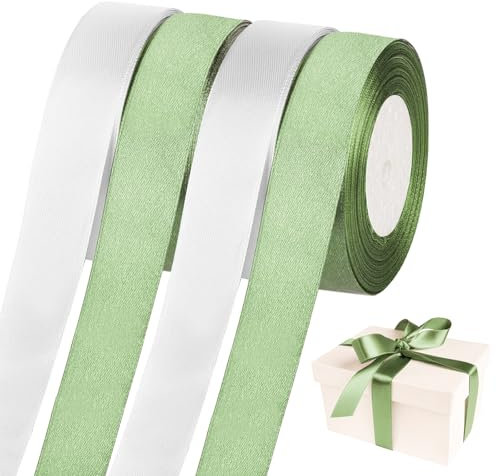 4 Rouleaux Satin Blanc Vert Réutilisable, 22m×20mm pour Jeux du Ruban Bouquet Mariée, Cadeau Emballage à Usages Multiples, Couture Inauguration, Décoration de Mariage
