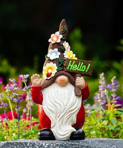 Yeomoo Funny Gnomes Garden Ornaments Outdoor - Solar Resin Sculpture with Hello and Flowers Lights for Lawn Porch Yard - Housewarming Gifts for Women Mum Wife