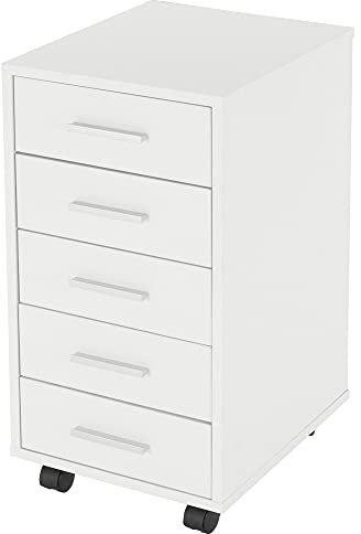 ML-Design Archivador para Oficina con 5 Cajones 33x38x63,5 cm Blanco Cómoda Hecha de Madera Revestida de Resina de Melamina Mueble Móvil Gabinete Moderno con Ruedas para Despacho