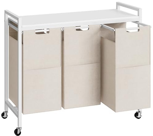 HOOBRO Wäschekorb 3 Fächer, Wäschesammler mit Ablage, Wäschebox, Wäschewagen mit Rollen, 3 x 39,8 L, Wäschesack aus Oxford-Gewebe, Weiß EWG38XY01G1