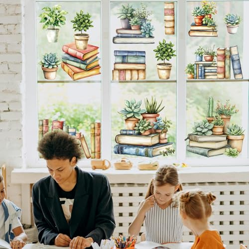 PLIGREAT 9 Blatt Buch Fenster Klammern, Pflanzen Fenster Aufkleber Lernen Lesen Ecke Fenster Aufkleber Schälen und Kleben Aquarell Fenster Dekor für das Studium Klassenzimmer Bibliothek Fenster Dekor