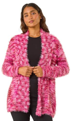 Roman Originals Women Fluffy Cardigan Ladies Winter Cardi Longline Edge to Edge Ombre Coatigan Casual Sparkly Glittery Jacket Knitwear Knitted Autumn Fleecy Cosy Soft Coats - Multi Pink - Size 20