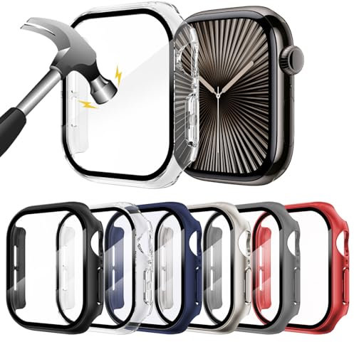 WINGLE Confezione da 6 pellicole protettive protettive per Apple Watch Serie 10 da 42 mm, in policarbonato rigido, per iWatch Serie 10 da 42 mm, nero/blu notte/rosso/luce stellare/trasparente/grigio