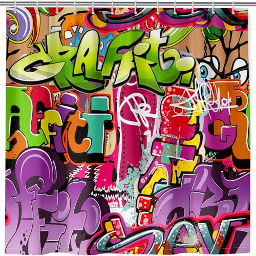 ANHOPE Abstrakte Hippie Graffiti Duschvorhänge Wasserdicht Anti-schimmel Shower Curtains Polyester Stoff Duschvorhang 180 x 200 cm Waschbar Bad Vorhäng für Badzimmer mit 12 Haken