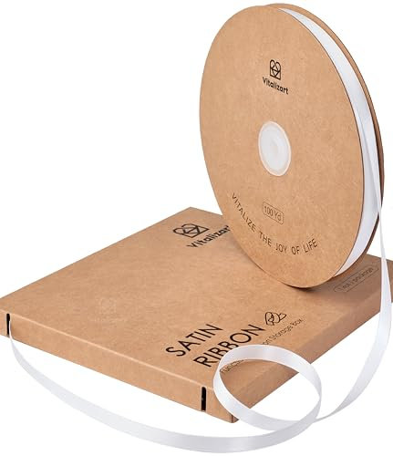 Vitalizart 0,95cm x 91 m Weißes Satinband, Doppelseitige Geschenkband für Geschenkverpackungen & Basteln, Seidiges Bänder für Blumenstrauß & Dekoration, Dünnes Satinband mit Aufbewahrungsbox