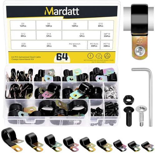 Mardatt Vinyl Coated Cable Clamps, 160 Stück 9 Größen 5mm-25mm Vinyl beschichtete Kabelschellen mit Schrauben Kit, Gummi beschichtet gepolstert isolierte Kabelschelle, Metallschelle P Clips
