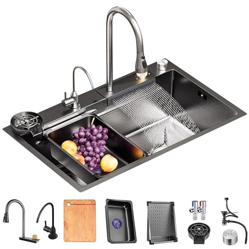 80x45cm Fregadero de cocina en cascada negro, Inoxidable Gran Fregadero Sobre Encimera, multifuncional 1 Seno Gran Fregadero, Con Grifo Multifuncional Y Varios Accesorios