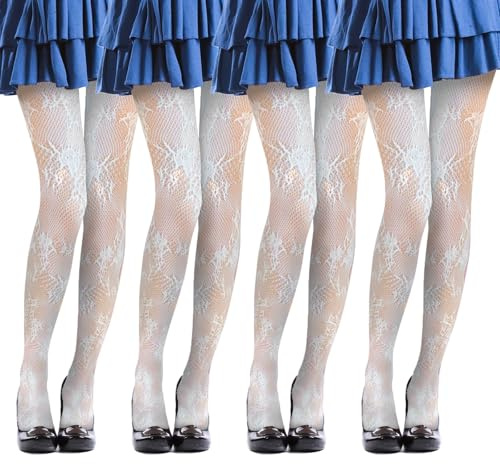 UILYNIU 4 Pares Mujer Medias, Medias de Rejilla Sexy Mujer, Elegant Medias Moldeadoras de Mujer, Pantimedias Rejillas, Cordón Hollow Medias, Semi Opaque Curvy Tights for Women, Talla única (Blanco)