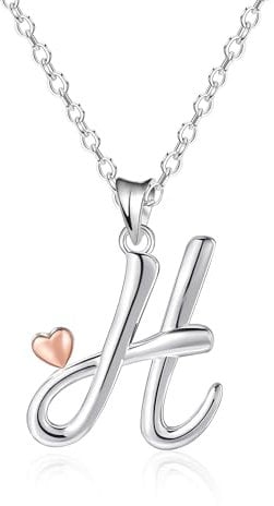 Mesovor 925 Sterling Silver Necklaces for Women, Dainty Initial Name Necklace with Rose Gold Heart, Jewellery Gifts for Family Mother Sister Daughter Wife (Letter-H)