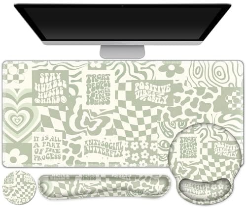 Grand sous-main beige, tapis de souris de jeu, tapis de souris XXL + repose-poignet pour clavier + repose-poignet + dessous de verre avec sous-verre ergonomique pour la maison, le bureau, l'ordinateur