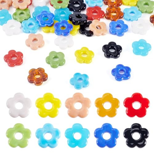 FASHEWELRY Lot de 40 perles en verre soufflé faites à la main en forme de fleur - 10 couleurs - Grand trou - Perles d'espacement en vrac pour la fabrication de bijoux