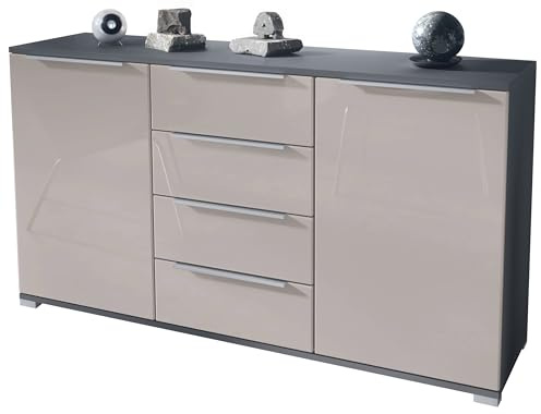 Vladon Sideboard Linio V1, Anrichte mit 2 Türen und 4 Schubladen, Anthrazit matt/Sandgrau Hochglanz (138,5 x 75,5 x 35 cm)