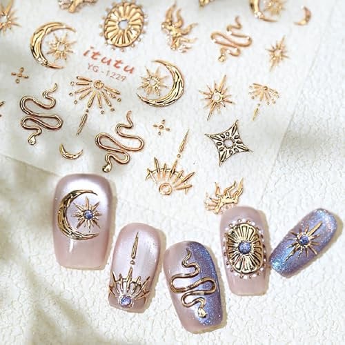 Shimmerz 5D Gold Relief Nail Stickers Self-Adhesive Snake Moon and Star Decals Embossed Nail Art Accessories for DIY Manicure and Salon Design
