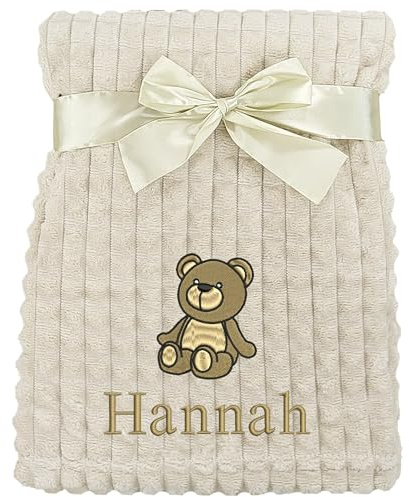Personalised Baby Blanket Embroidered Bear & Name Soft Fleece Wrap (Brown Bear Beige Squares)