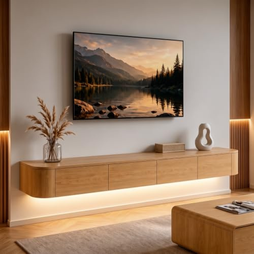 Mueble TV Suspendido Moderna con luz LED | Consola de Medios de Entretenimiento Montada en la Pared | Banco de TV con Gran Capacidad de Almacenamiento para Sala de Estar y Oficina (Madera, 160cm)