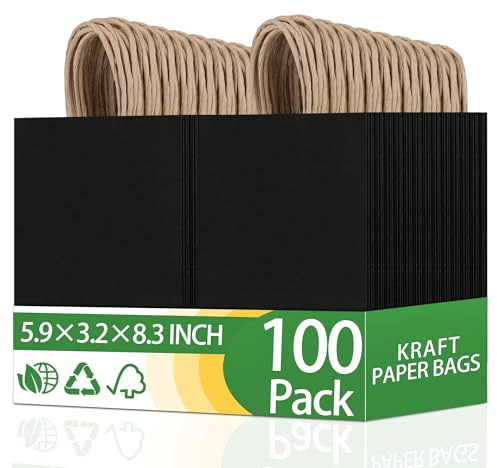 OEMVALATY 100 Pack 5.9x3.2x8.3 Inch Small Black Paper Bags with Handles Bulk, Kraft Paper Gift Bags for Birthday Party Favors Grocery Retail Business Shopping Goody Merchandise Craft Blank Bags