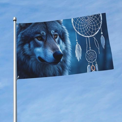 Flagge, 150 cm x 90 cm, doppelseitig, für den Außenbereich, strapazierfähig, Banner mit 2 Ösen, Dekoration, Hofflaggen, Wölfe und Traumfänger, Flagge, Polyester, Willkommensflaggen für Urlaub, Hof