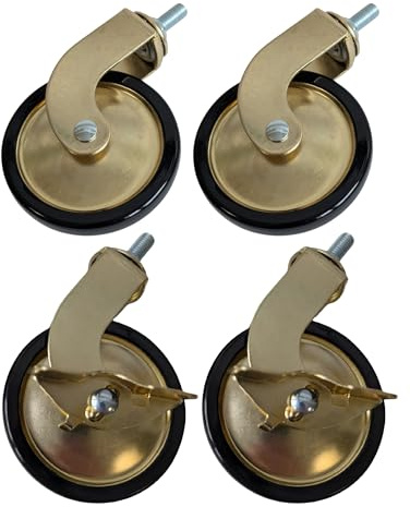 Gedotec Möbelrollen aus Metall Gold | Set 2× Rollen mit Bremse + 2× Rollen ohne Bremse | Ø 73,5 mm | Lenkrollen mit 8 mm Aufnahme | 48 kg Tragkraft | Gummi-Laufrollen | inkl. Einschlagmutter M8