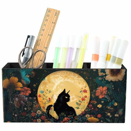 craspire Porte Crayons Chat Noir en Bois Rectangulaire Motif Floral Clair de Lune Plante Animal Présentoir Naturel Support pour Stylos Crayons Règles Pinceaux de Maquillage Bureau Organiseur DIY