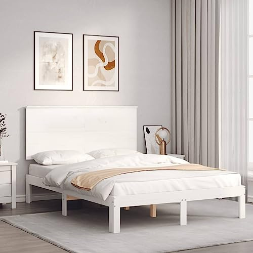 Mandloder Lit en bois massif avec tête de lit, laqué blanc, 120 x 190 cm, cadre de lit robuste pour chambre à coucher, 120 x 190 cm, petit lit double