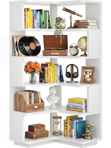 iSunirm Eckregal mit 5 Ebenen, L-Form Bücherregal für Ecken, Modernes Standregal Aktenregal für Wohnzimmer, Schlafzimmer & Büro, Holzregal Platzsparend, 60x60x162 cm, Weiß